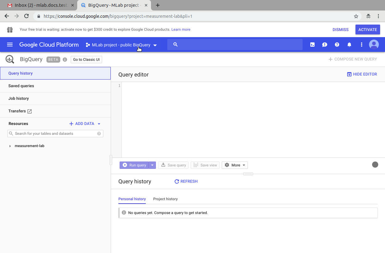 measurement-lab Project in Google Cloud Platform console